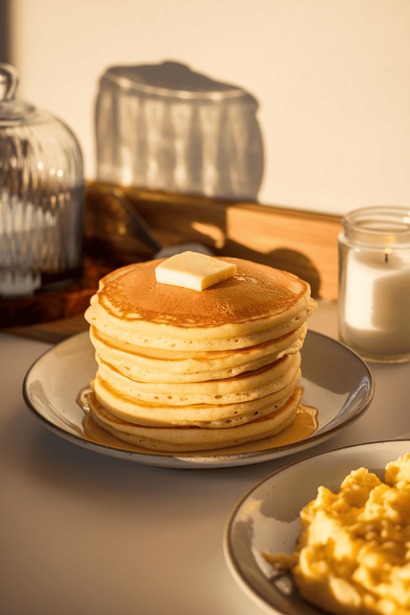 Indoor photo of a stack of golden pancakes with a pat of butter on top, scrambled eggs on a separate plate nearby. No text or logos on dishware.