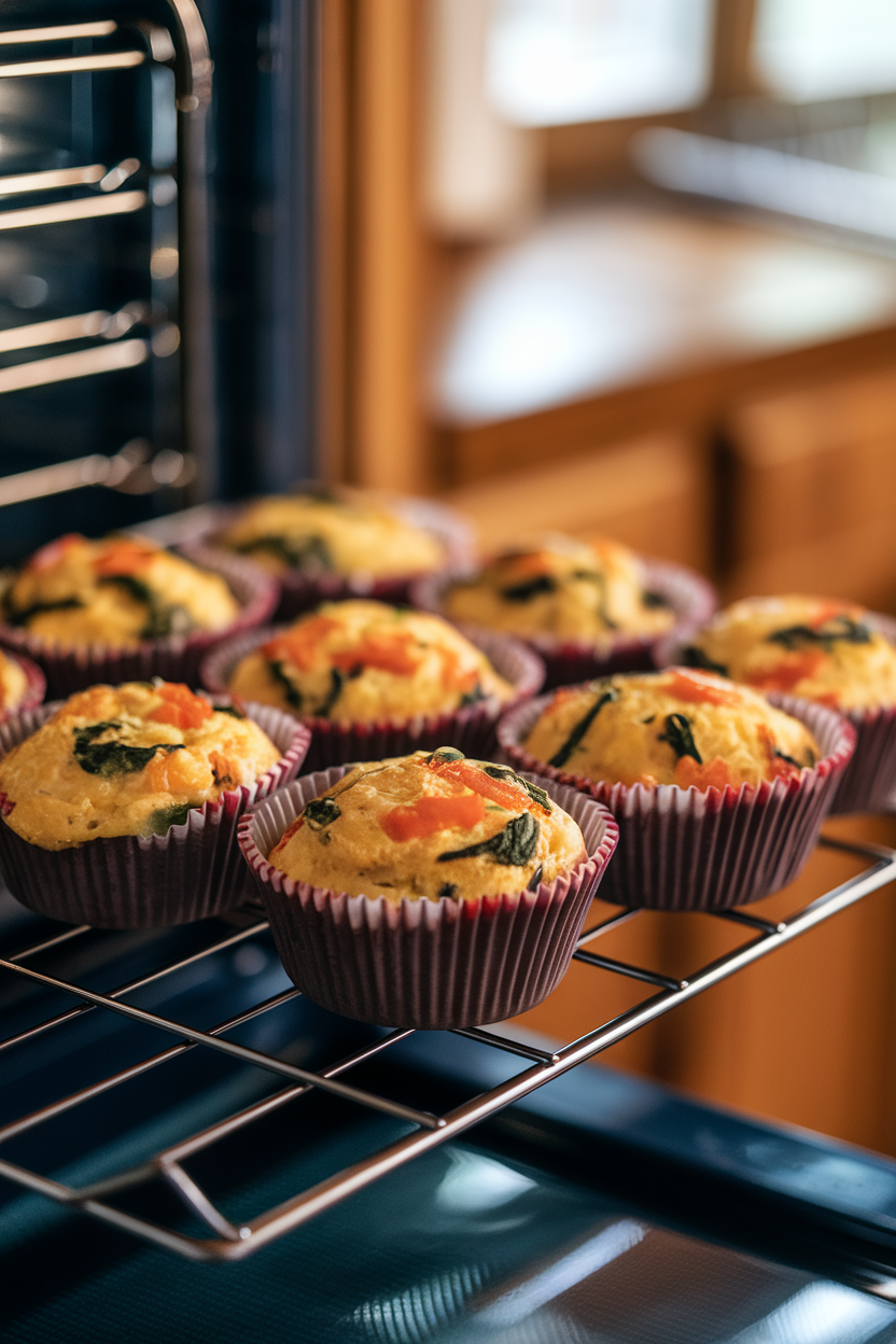 Indoor oven-rack close-up of silicone muffin cups filled with cooked egg muffins studded with bell peppers and spinach. No text or logos, photo only.