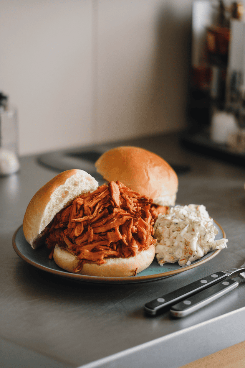 Indoor countertop featuring a plate of shredded BBQ jackfruit piled onto soft buns with a scoop of coleslaw; no text or logos in scene.