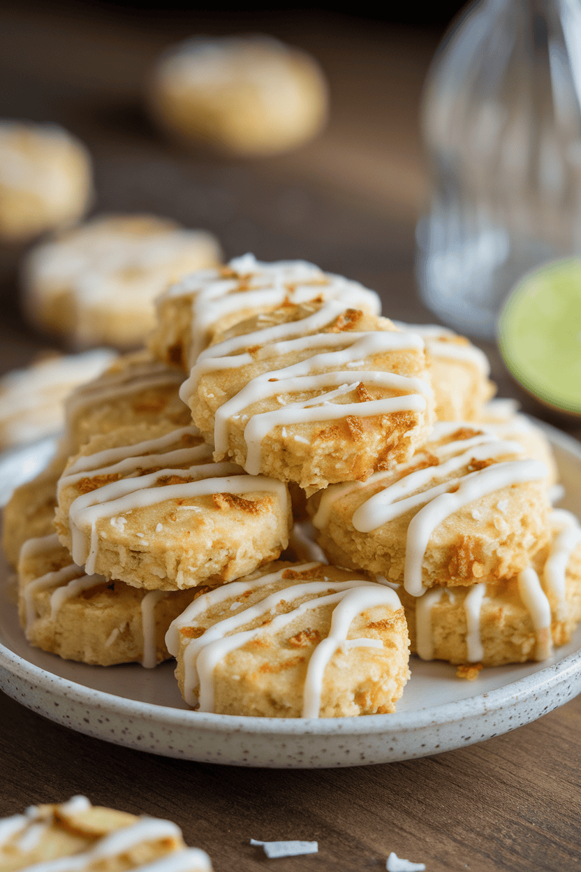Indoor photo of a white ceramic plate stacked with small round cookies speckled with toasted coconut flakes and drizzled lightly with key-lime glaze, soft window light from the side, no text or logos