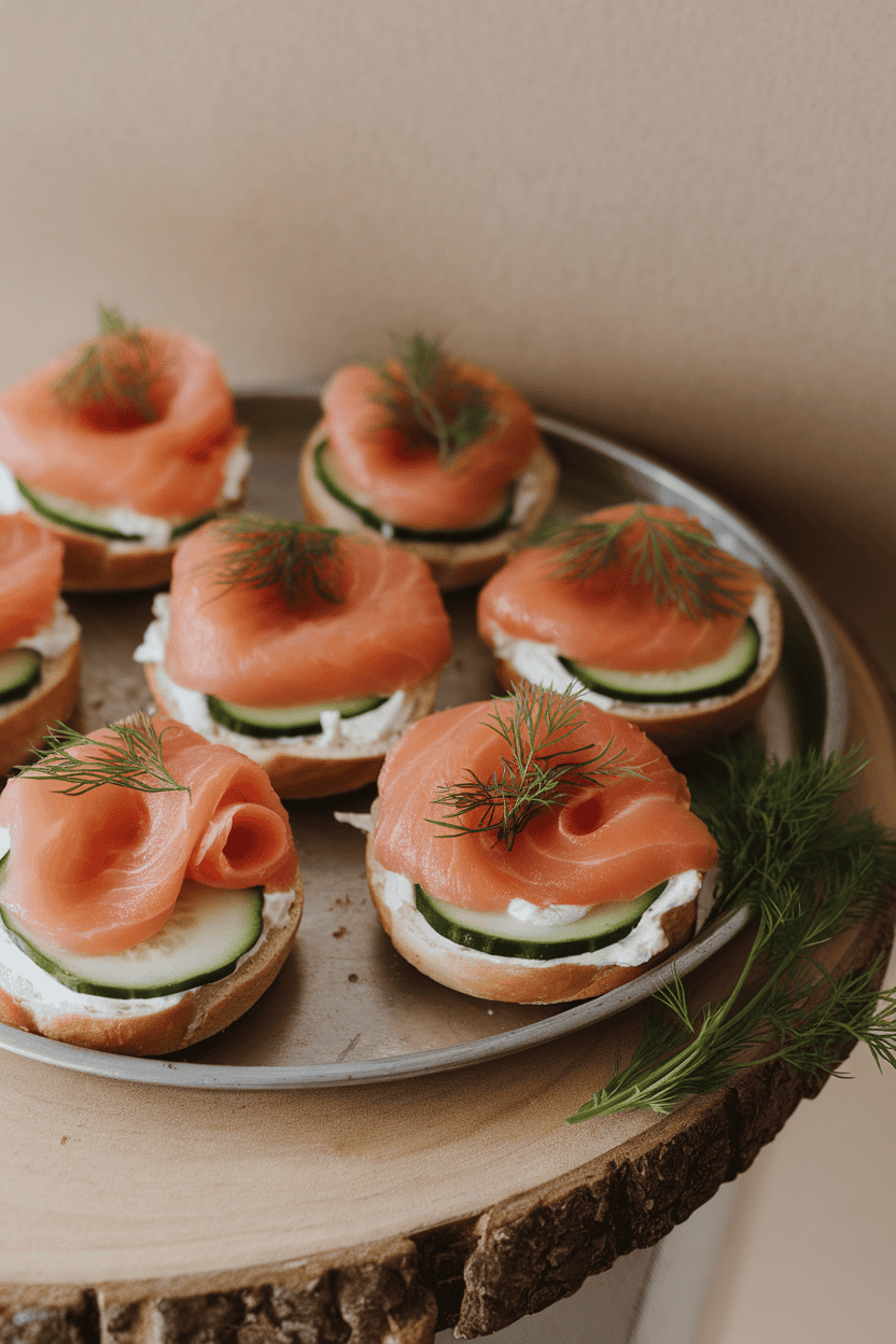 Indoor photo of mini bagel halves filled with cooked smoked salmon, cream cheese, cucumber slices, and dill, arranged on a tray. No text or logos.