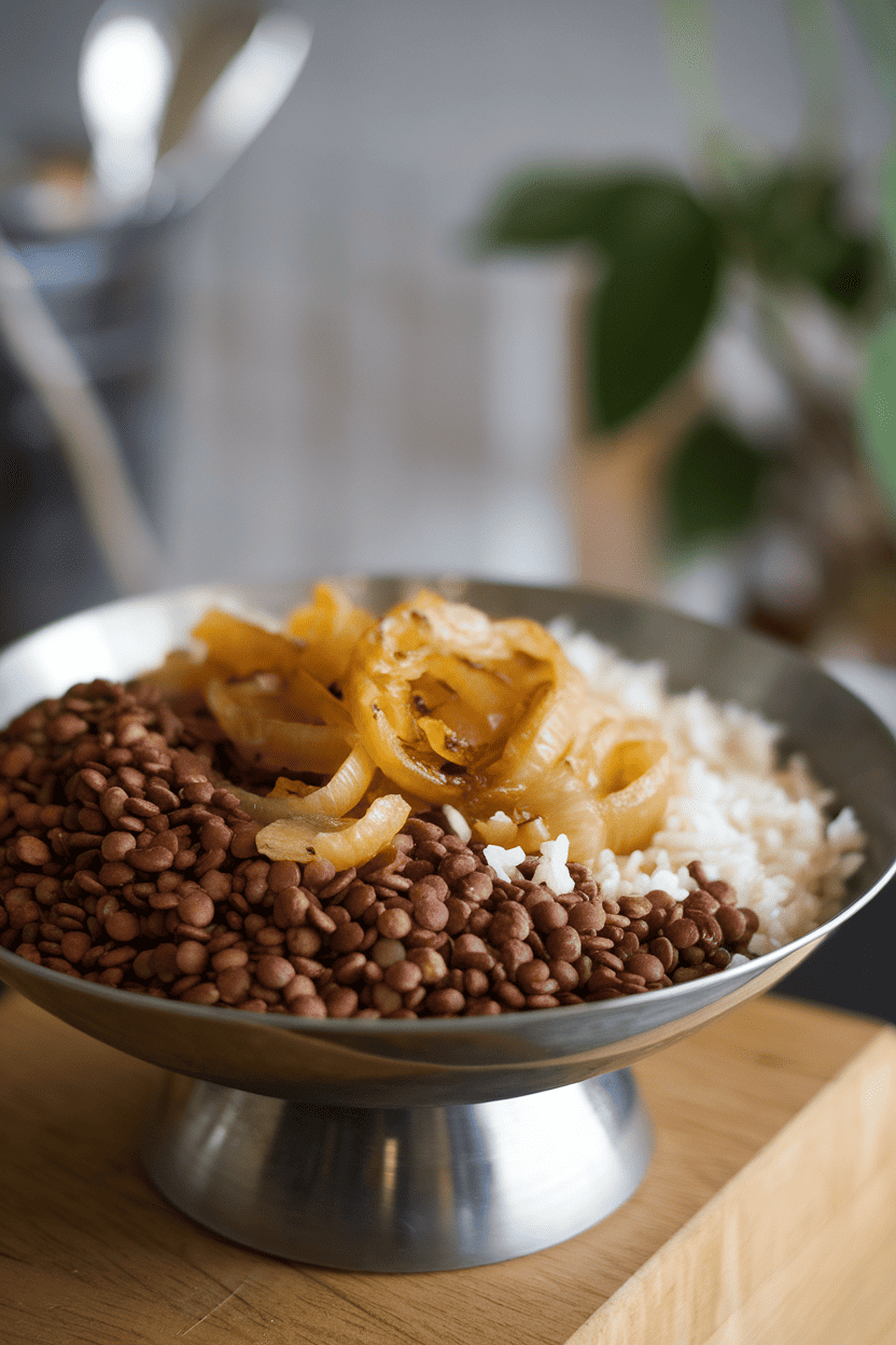 Indoor serving bowl piled high with brown lentils, rice, and a generous topping of golden caramelized onions. No text or logos present.