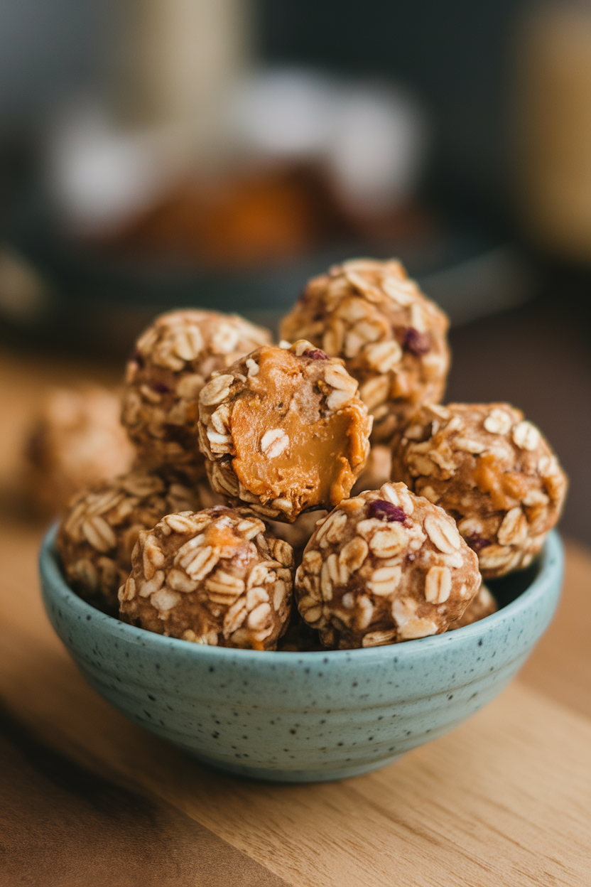 Indoor photo of a small bowl piled with round oat and peanut butter energy bites under soft lighting. No logos or text present.