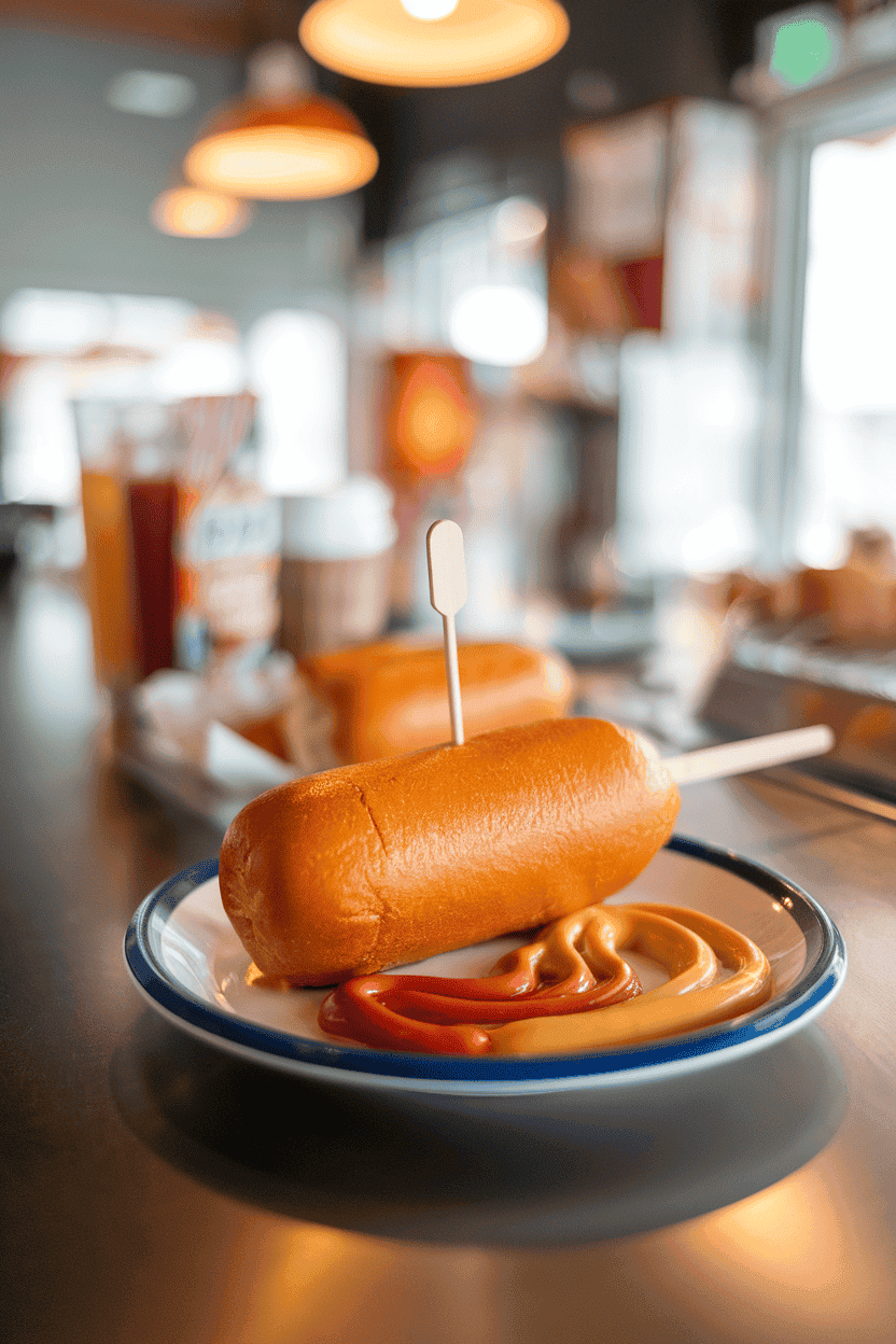 An indoor snack-bar counter displaying a golden corn dog on a wooden stick, a swirl of ketchup and mustard on the plate. Photo, not illustration. No text or logos.
