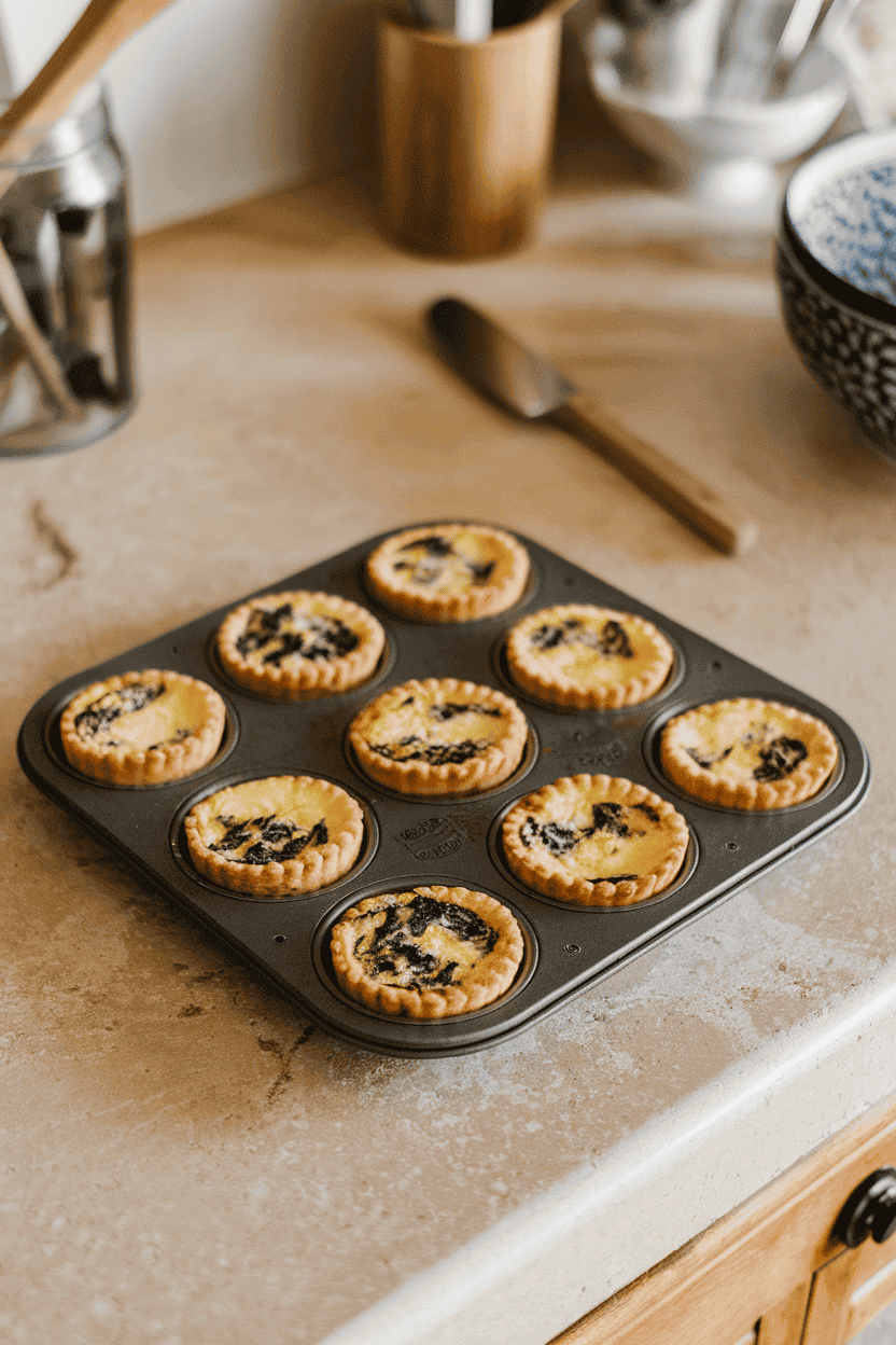 A muffin tin on an indoor countertop showing golden mini quiches with visible spinach and cheese; no text or logos. Photo, not illustration.