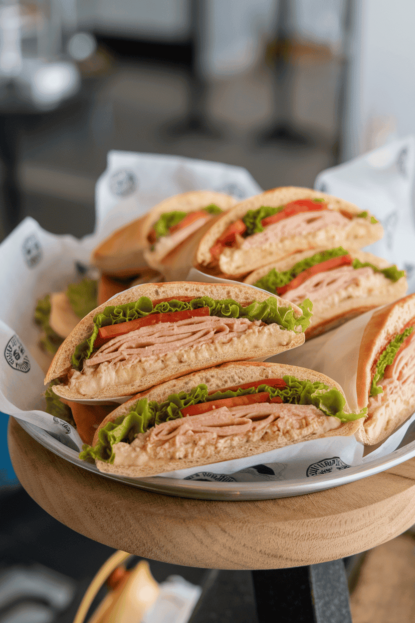 An indoor platter holding halved pita pockets filled with turkey, lettuce, tomato, and hummus, edges neatly wrapped in parchment. No logos showing.