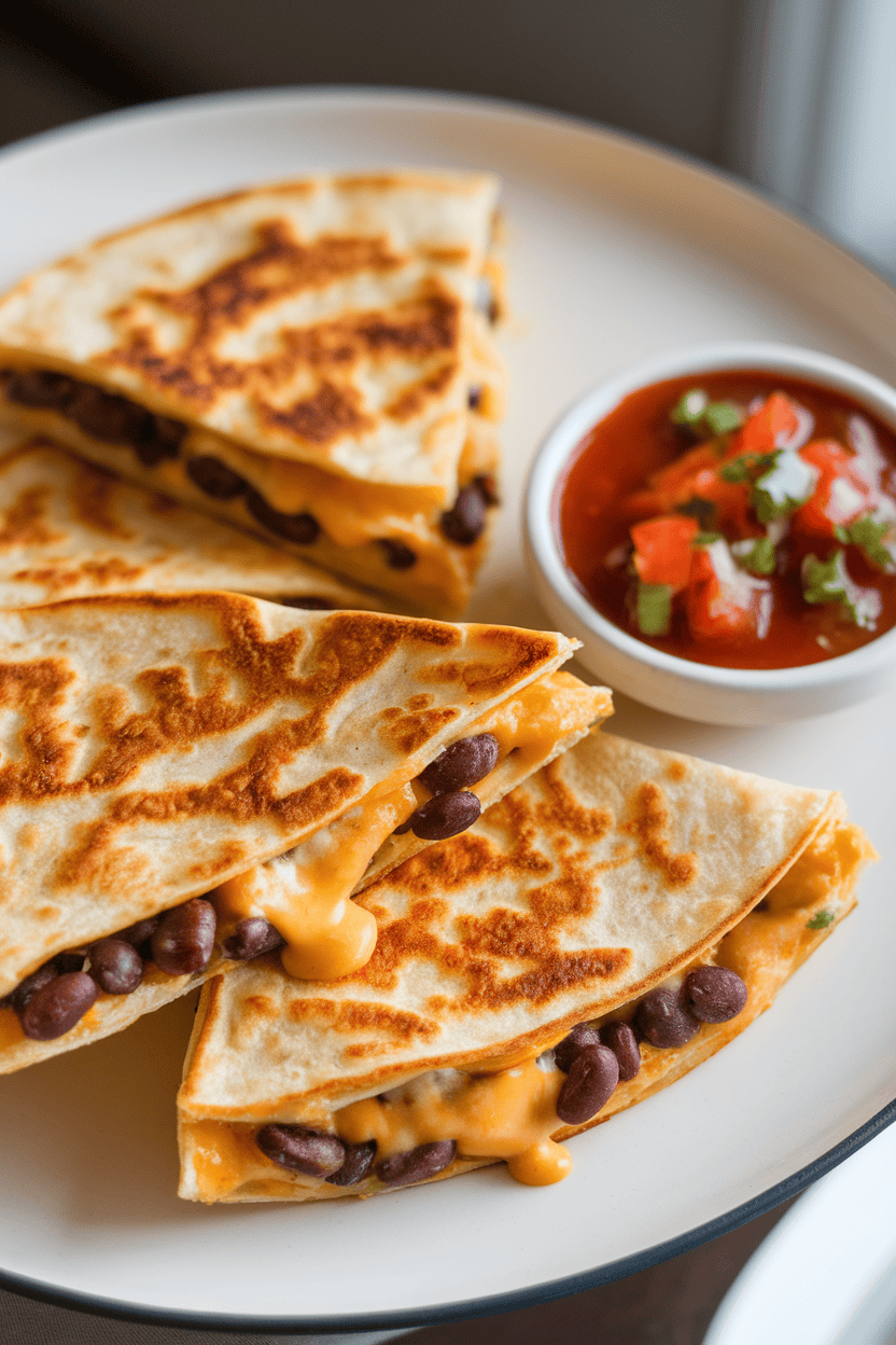 Photo of golden skillet-browned quesadilla wedges oozing with melted cheese and black beans on a plain white plate, shot indoors under soft light; no text or logos visible.