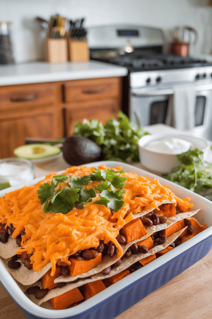 Photo inside a home kitchen showing a casserole of layered corn tortillas, roasted sweet potatoes, black beans, and enchilada sauce, cheese lightly browned. No text or logos visible.