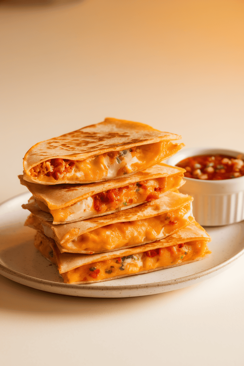 Photo shot indoors of golden, cheese-filled quesadilla wedges stacked on a plain white plate with a side ramekin of salsa; no text or logos anywhere.