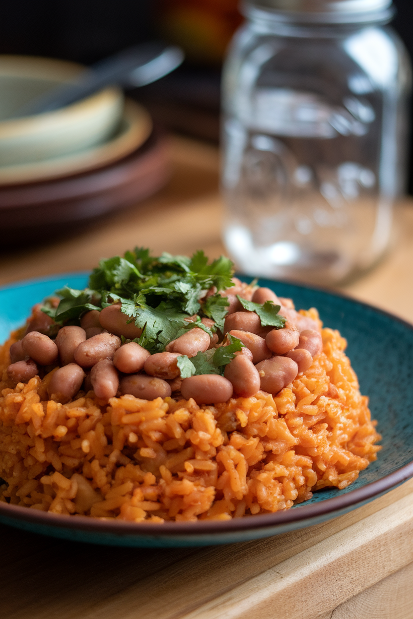 Indoor photo of a plate featuring orange-hued Mexican rice topped with seasoned pinto beans and chopped cilantro. No text or branding visible.