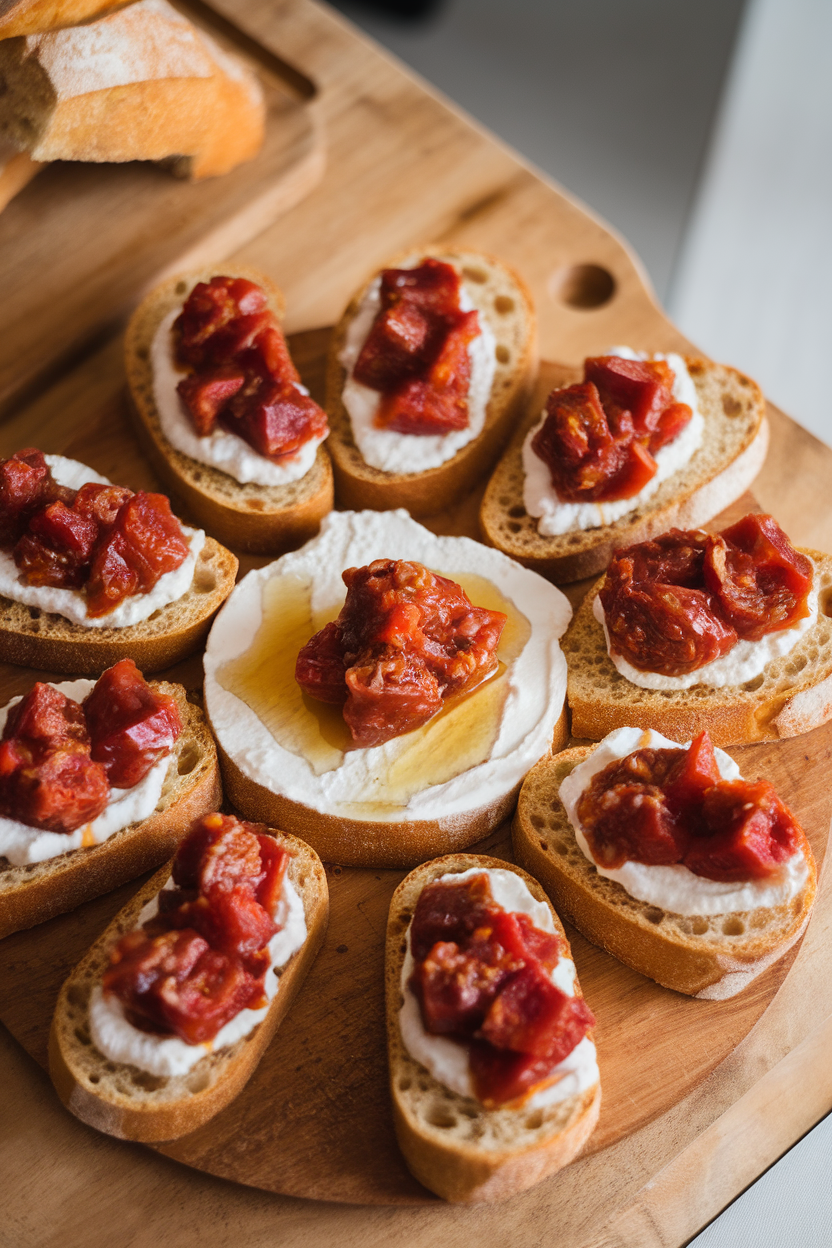 Photo of an indoor platter with toasted baguette slices topped with creamy ricotta and a spoonful of caponata. Slight overhead angle; no text or logos present.