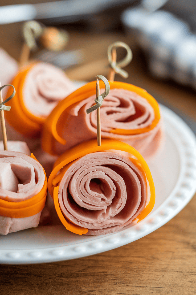 A photo taken indoors of turkey slices wrapped around cheddar strips, speared with toothpicks on a white plate, no text or logos.