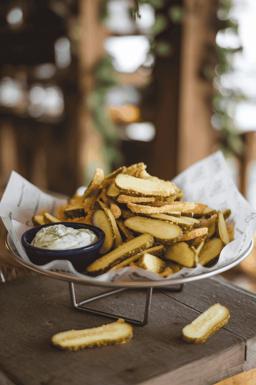 An indoor bar-style platter lined with paper, piled with crispy fried pickle chips and a side of creamy dill sauce. Photo, not illustration. No text or logos.