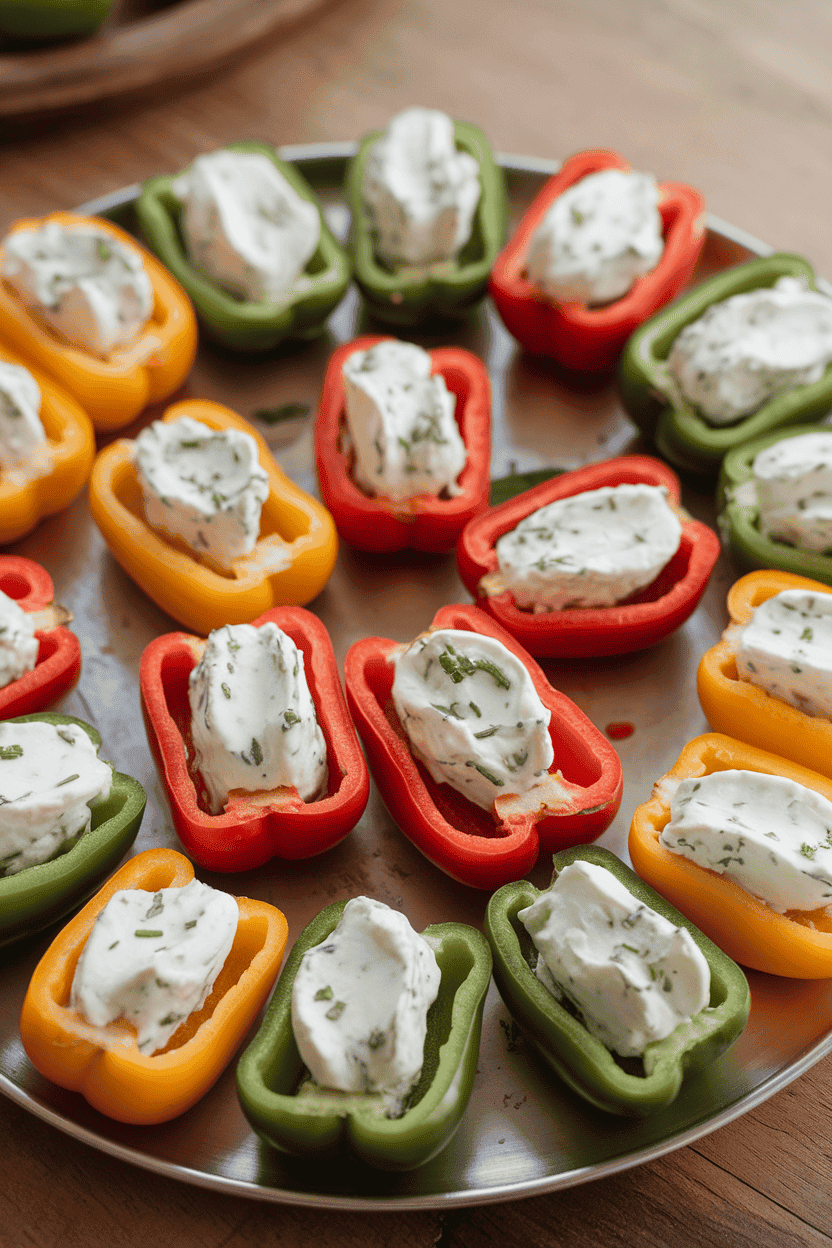 Indoor photo of colorful mini bell peppers halved and filled with herbed cream cheese, arranged on a platter. Slight overhead view, no text or logos.
