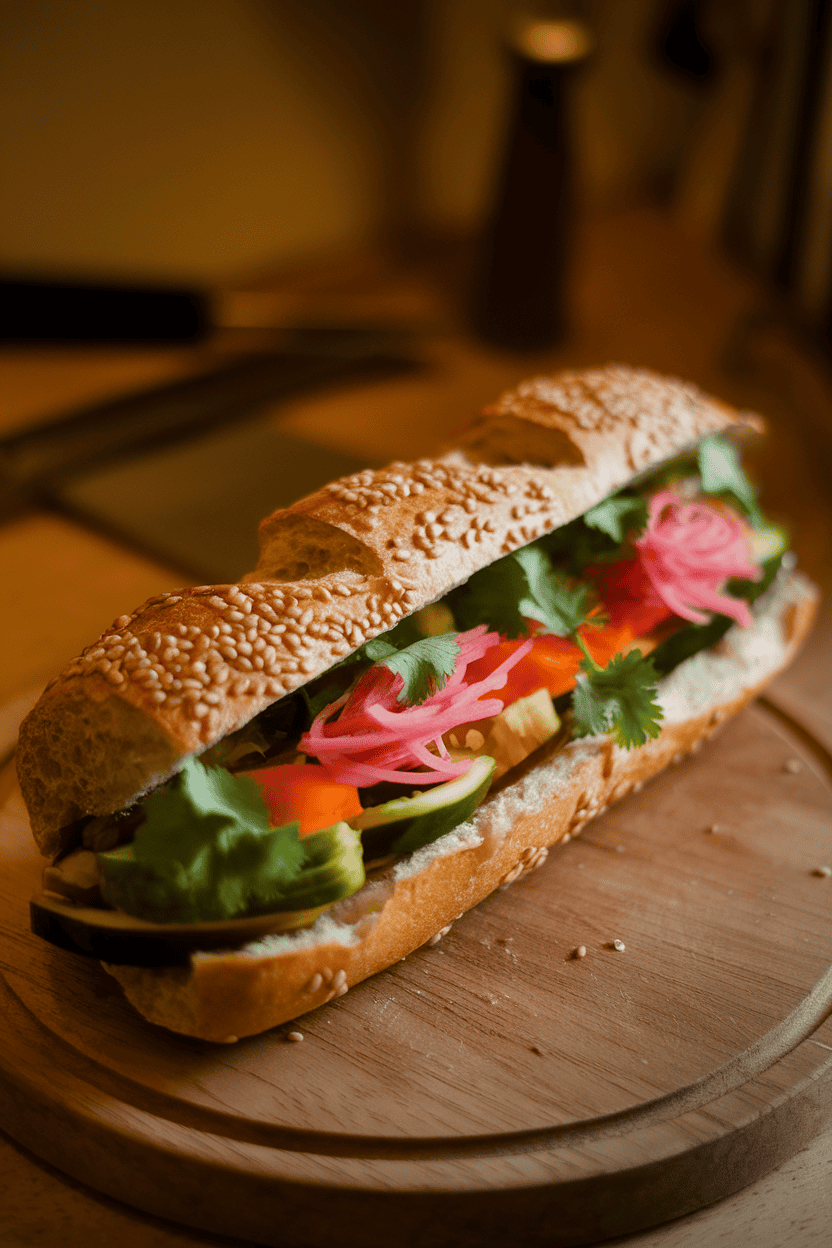 Indoor image of a baguette filled with sesame-marinated vegetables, cilantro, and pickled daikon. Warm lighting, no text or logos.