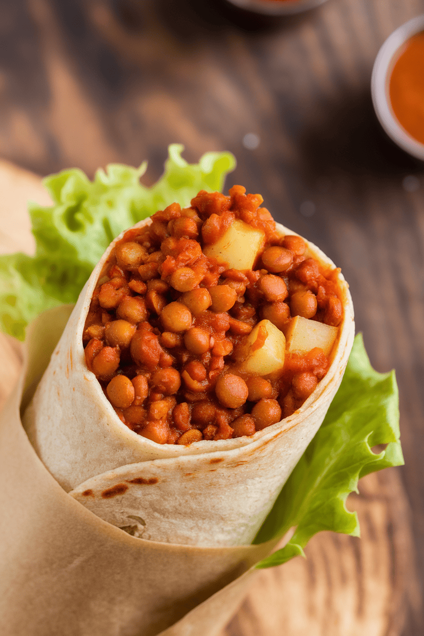 Indoor scene displaying a burrito cross-section with reddish spiced lentils mimicking chorizo, plus diced potatoes. No logos or text. Photo, not illustration.