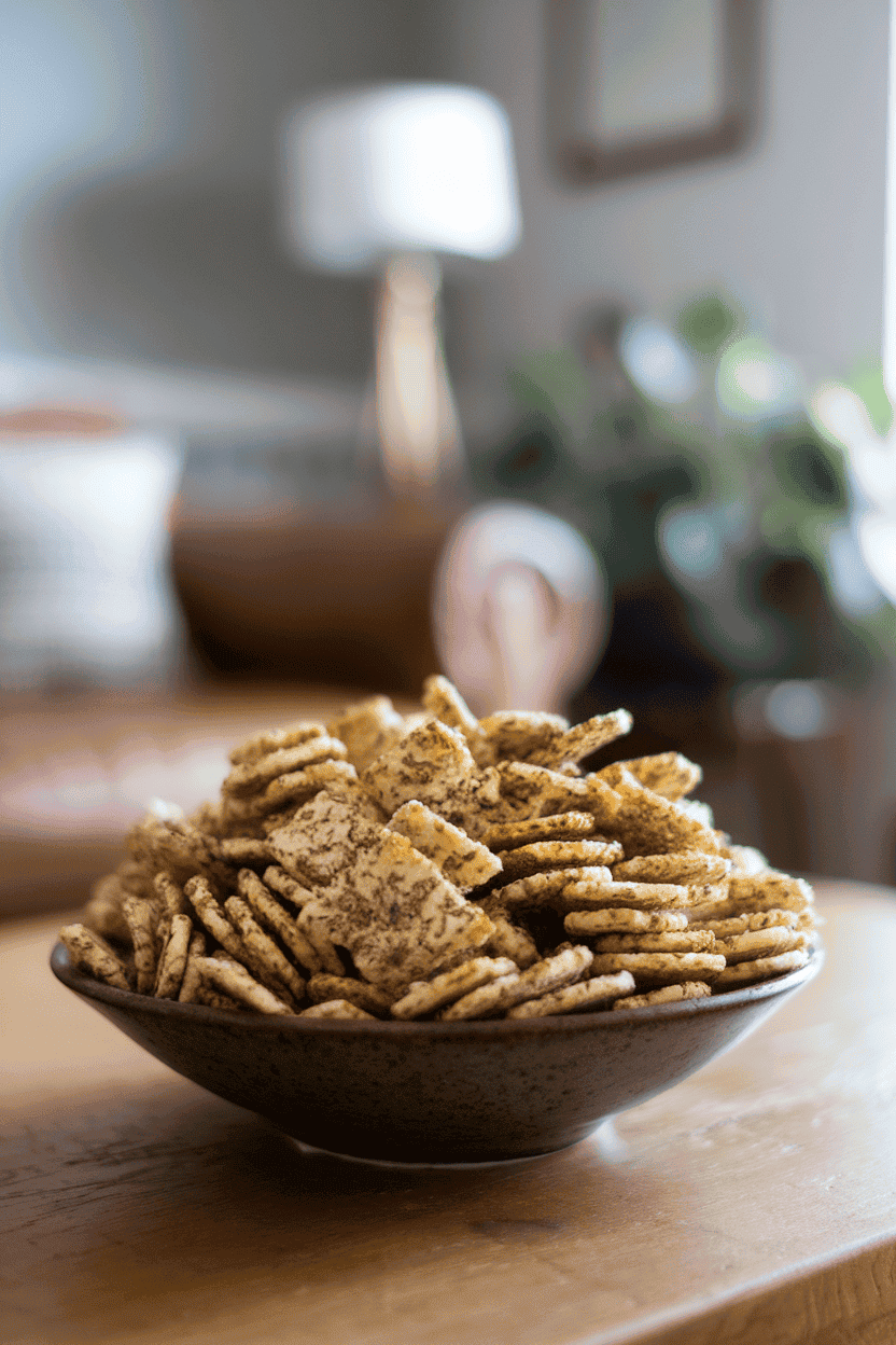 A shallow indoor bowl brimming with seasoned oyster crackers coated in herbs, set on a wooden coffee table; no text or logos. Photo, not illustration.