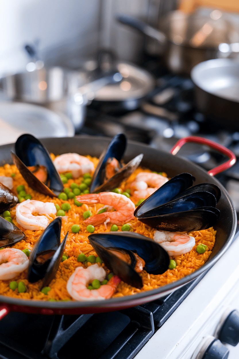 An indoor stovetop scene featuring a shallow paella pan filled with saffron rice, cooked mussels, shrimp, and peas. No text or logos present.