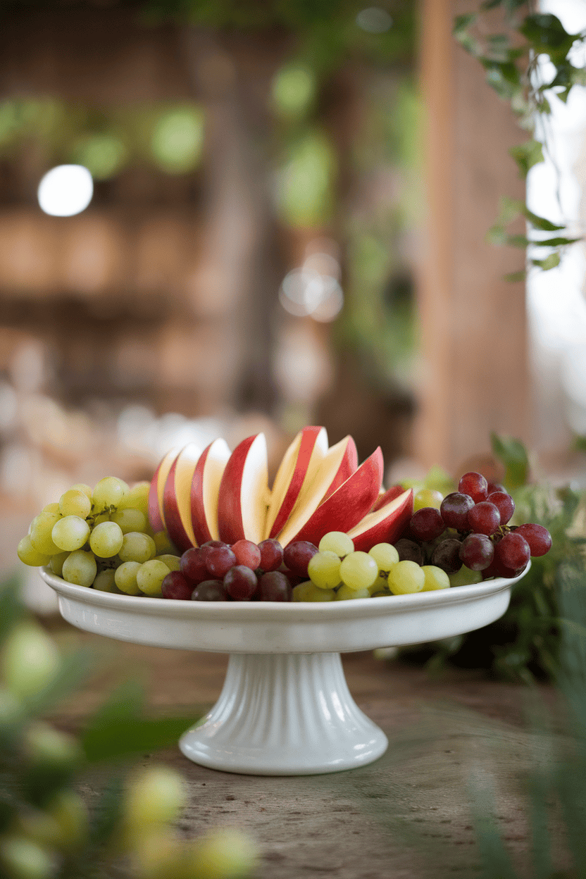 A softly lit indoor table featuring red apple wedges fanned around small bunches of green and red grapes on a white ceramic platter. No text or logos visible; photo only.