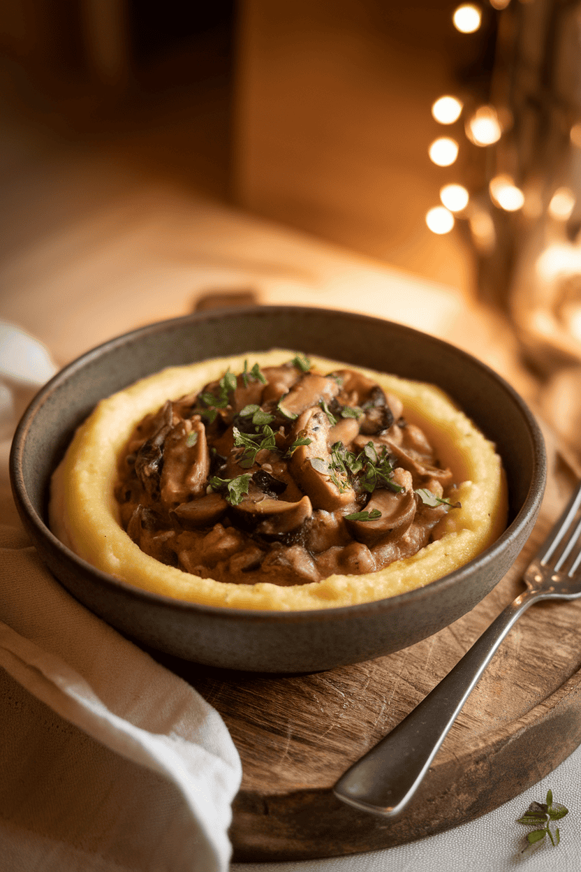 An indoor pottery bowl displaying creamy polenta topped with a sautéed mushroom ragù, herbs scattered on top. Warm lighting, no text or logos. Photo, not illustration.