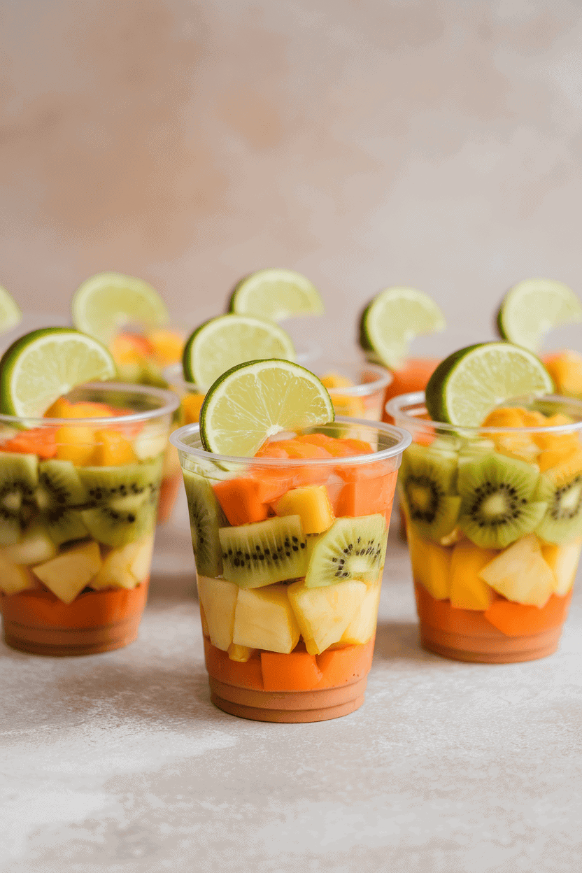Indoor photo of clear plastic cups layered with diced pineapple, kiwi, mango, and papaya, garnished with a lime wedge on top. Neutral background, no text or logos.