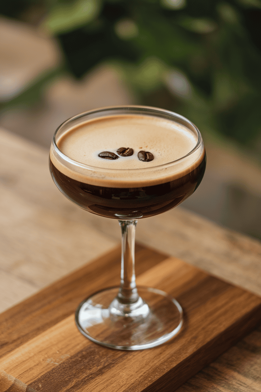 Photo, indoors, coupe glass filled with dark espresso martini, three coffee beans floating on crema-like foam. No text or logos.