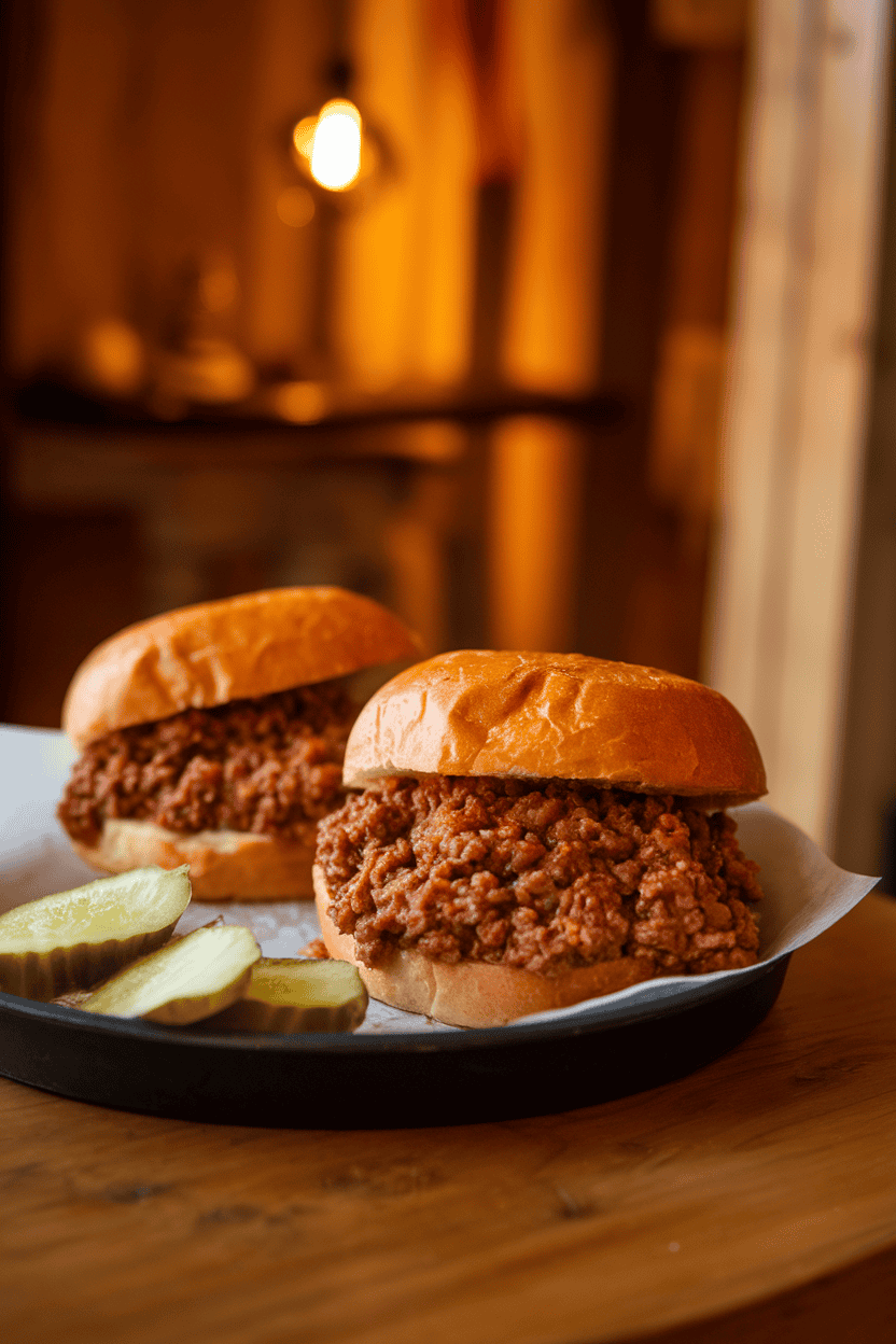 Indoor table featuring toasted buns overflowing with saucy ground beef sloppy joe filling, a few pickle chips on the side. No text or logos, warm lighting. Photo only.
