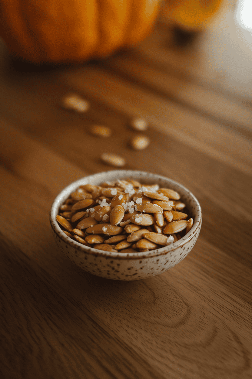A warm indoor tabletop showing a small bowl filled with roasted pumpkin seeds lightly glistening with sea salt, no text or logos, photo.