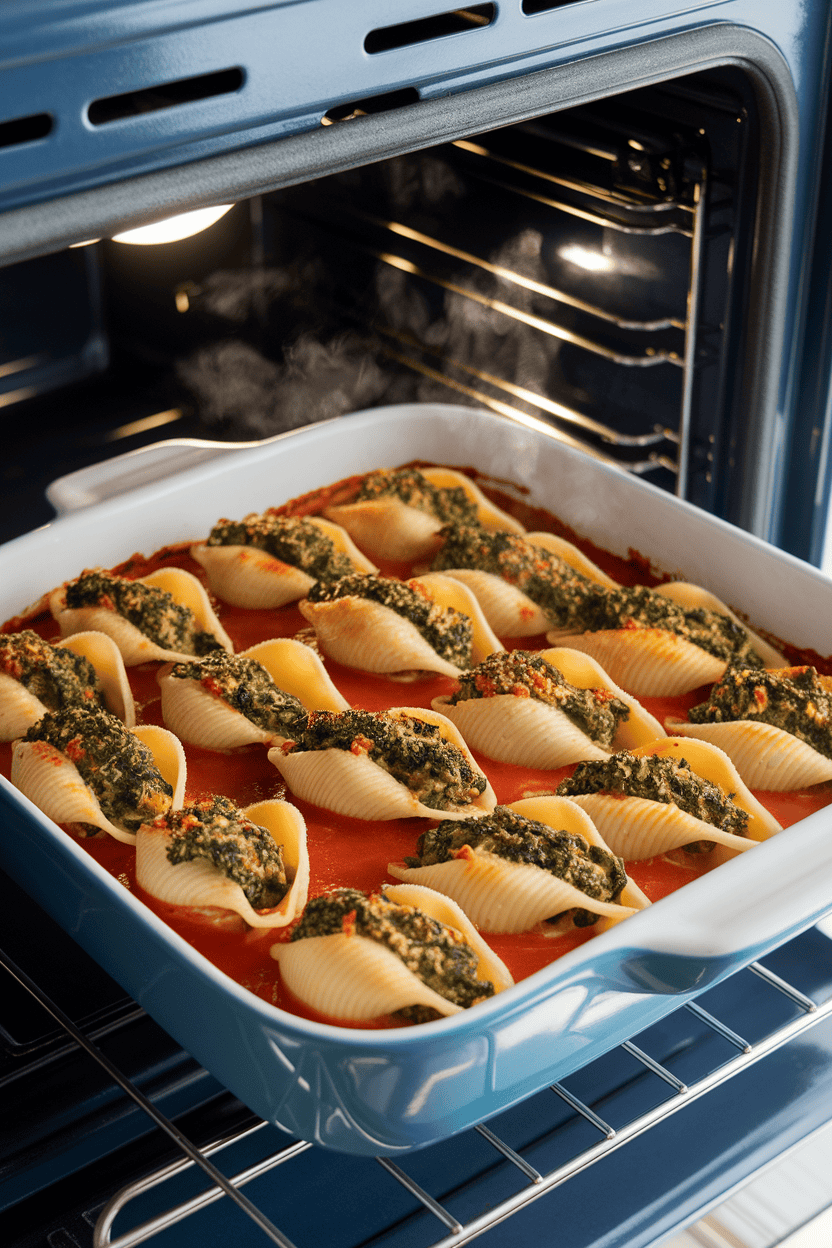 Indoor oven-side scene with a baking dish of jumbo pasta shells filled with spinach-ricotta mixture, marinara bubbling around them; no text or logos.