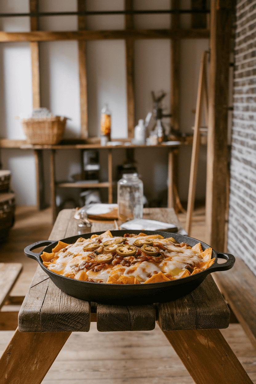 An indoor picnic table with a cast-iron pan piled high with melted-cheese nachos dotted with jalapeños, beans, and tomatoes—photo, no text or logos.