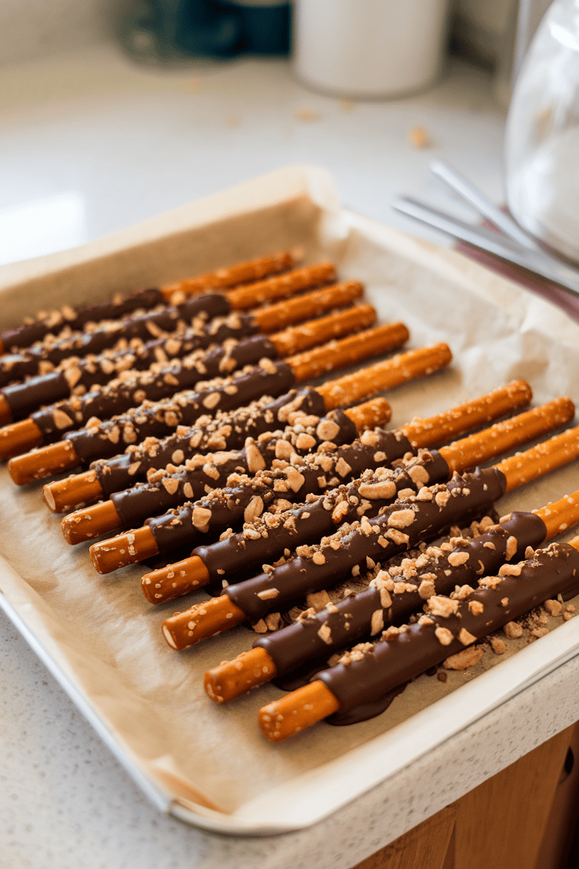 Indoor countertop featuring a parchment-lined tray of pretzel rods half-dipped in melted chocolate and sprinkled with crushed nuts. No logos or text visible.