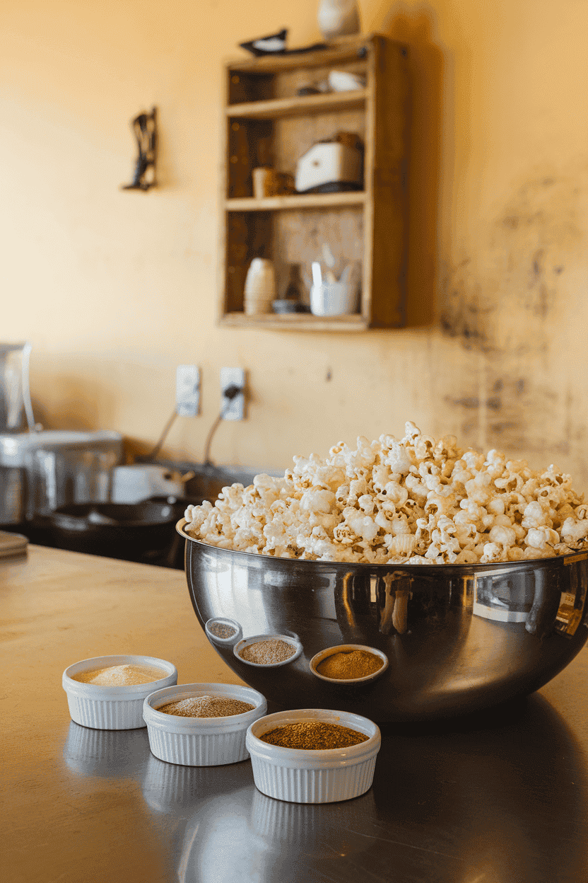 A warmly lit indoor counter with a large stainless bowl of plain popcorn beside small ramekins of assorted seasonings—parmesan, cinnamon sugar, and chili lime. No text or logos present. Photo, not illustration.