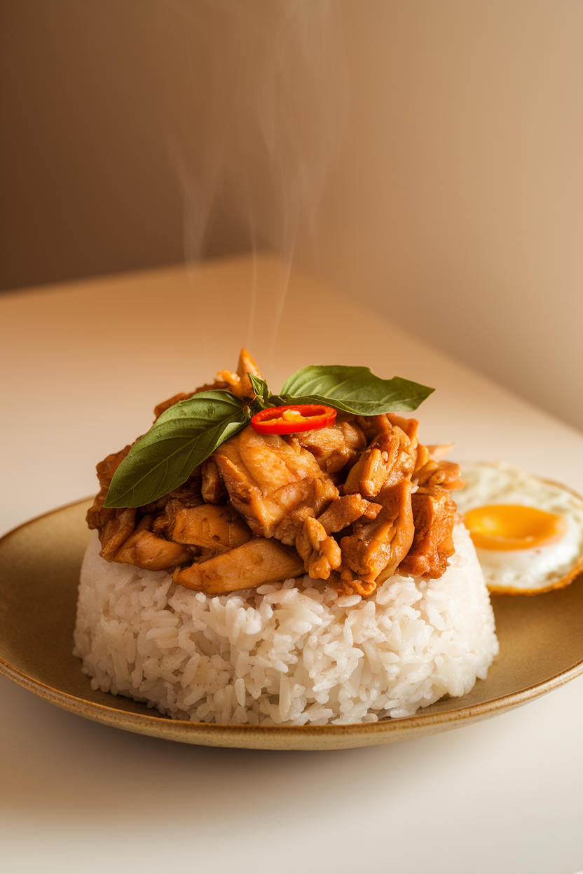 Indoor photo of a rice plate topped with stir-fried chicken, Thai basil leaves, and red chili slices, steam rising gently. No text or branding.