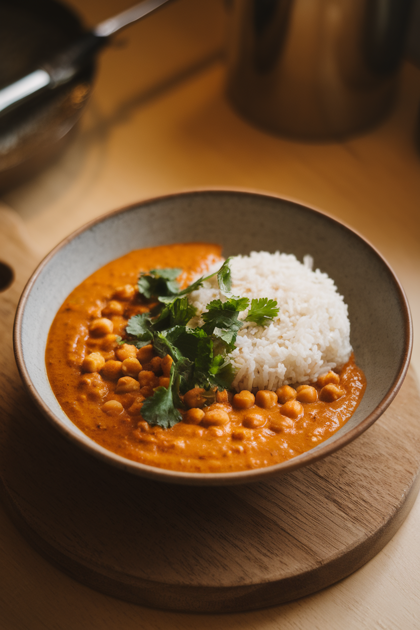 Warm indoor photo of a shallow bowl of creamy chickpea coconut curry sprinkled with fresh cilantro, accompanied by a small mound of white rice. Soft overhead lighting, no text or logos present.