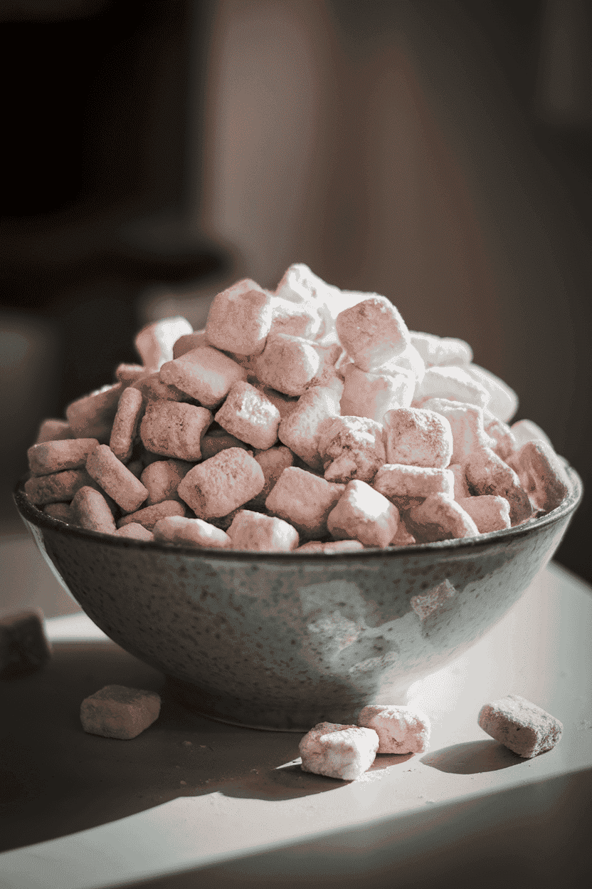 A wide indoor bowl piled high with powdered-sugar-coated puppy chow (muddy buddies), a few stray pieces on the tabletop. Soft spotlight; no text or logos; photo, not illustration.