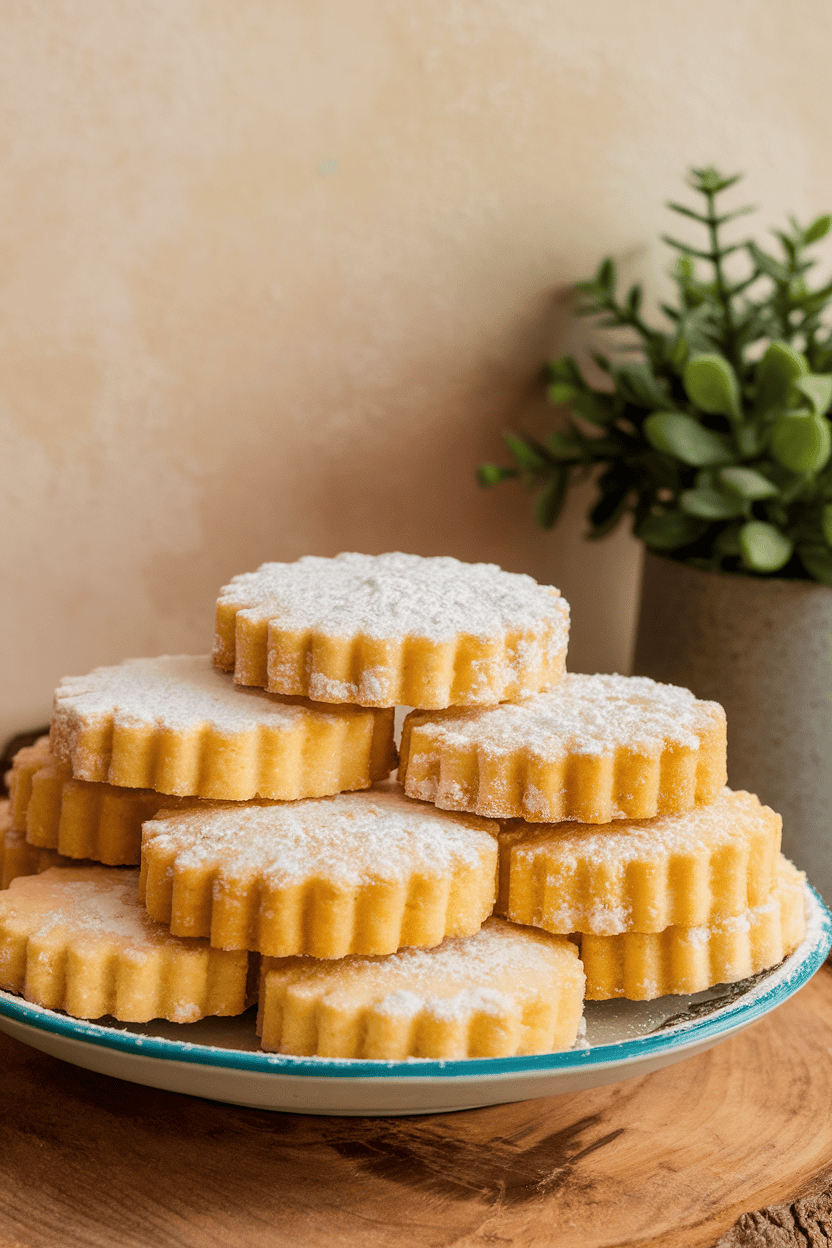 Indoor scene of a plate stacked with buttery lemon shortbread cookies dusted lightly with powdered sugar. Even lighting, no text or logos.