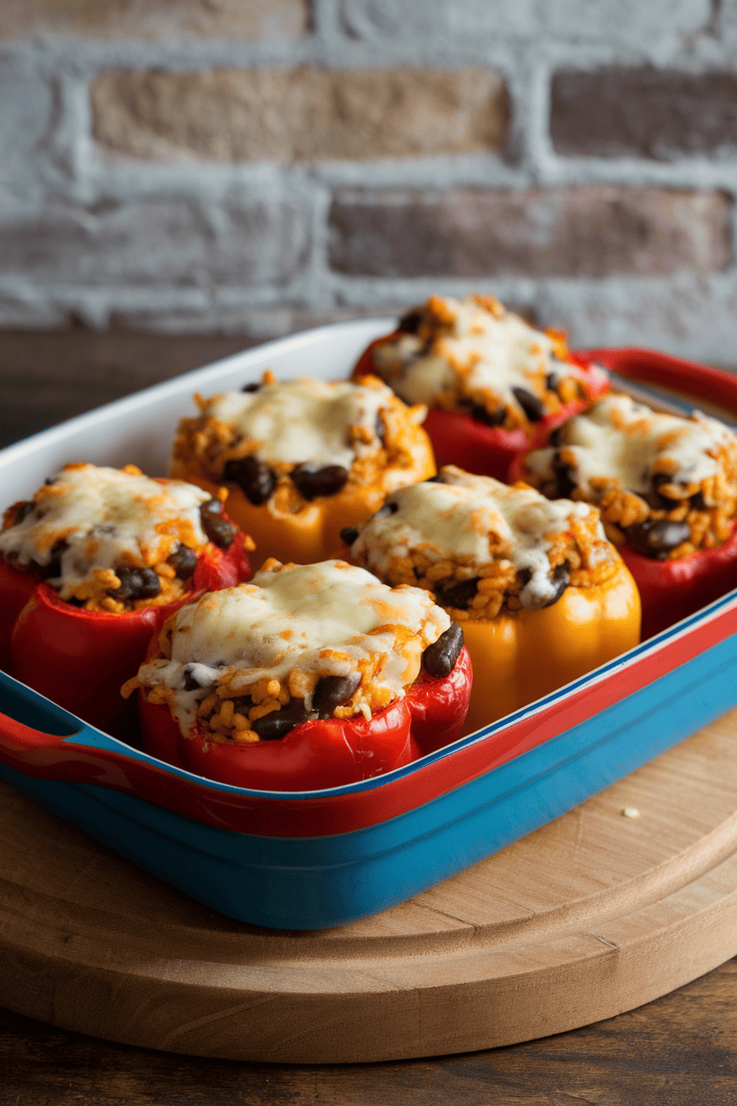 Photo, indoor casserole dish, colorful bell peppers stuffed with rice and black bean mixture, cheese melted on top; no text or logos.