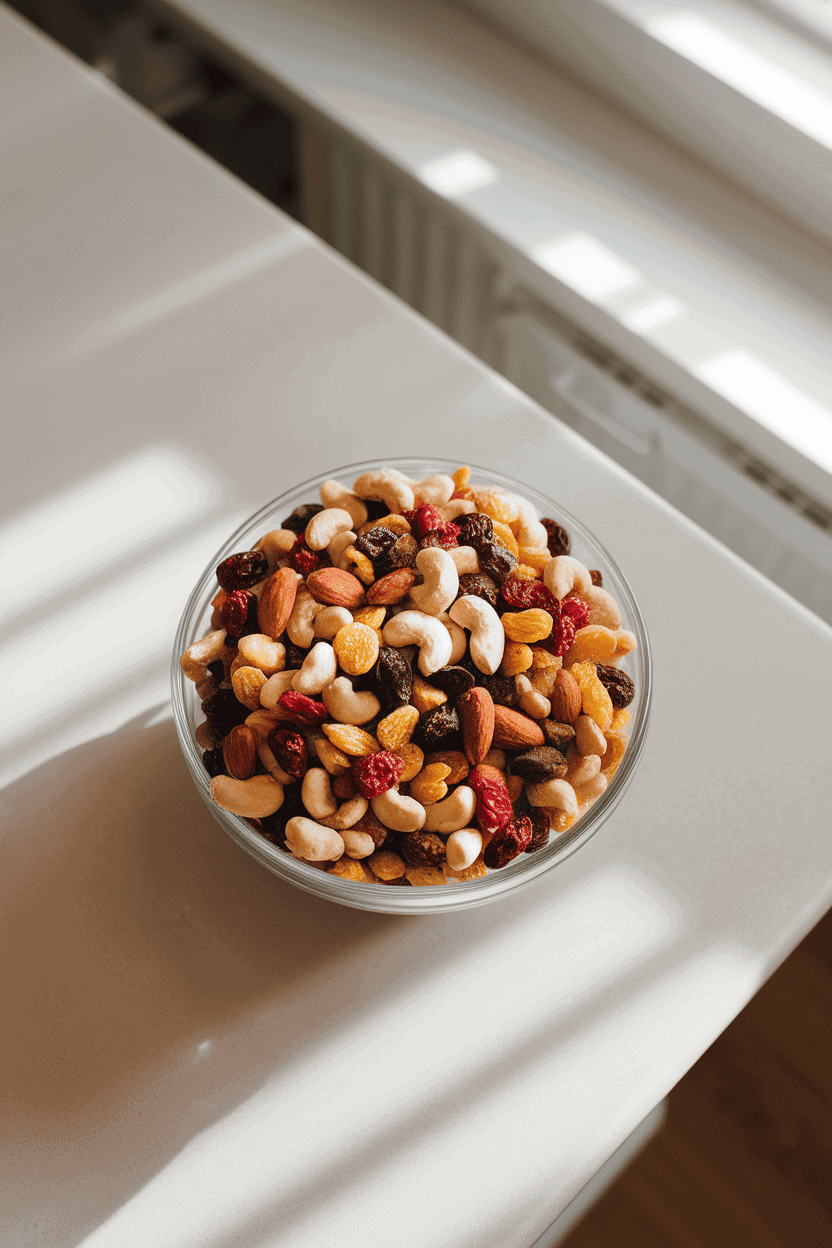 A brightly lit indoor kitchen counter with a clear glass bowl overflowing with a colorful trail mix of almonds, cashews, dried cranberries, golden raisins, and dark-chocolate chips. Shot overhead with soft shadows; no text or logos; photo, not illustration.