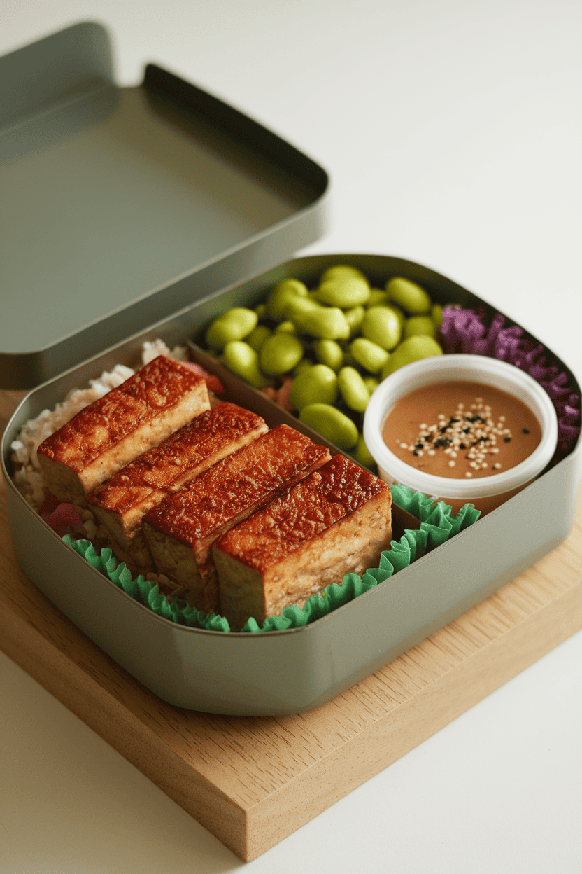 An indoor bento featuring seared tofu strips, green edamame noodles, and a small container of sesame-ginger dressing; soft light; no text or logos; photo only.