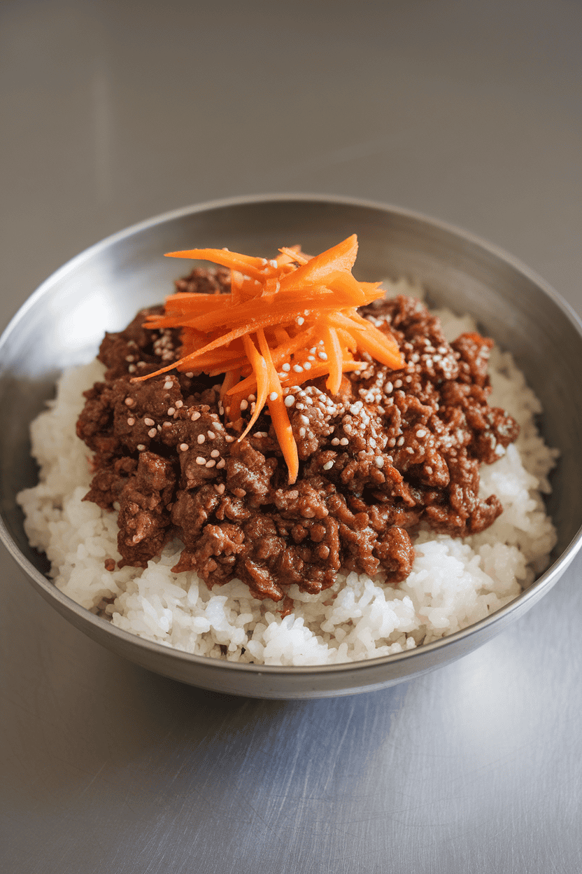 A wide indoor bowl of steamed rice topped with glossy ground beef bulgogi, julienned carrots, and sesame seeds; photo, no text or logos.