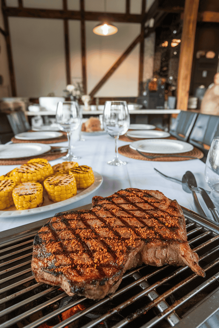Indoor dining table showcasing a grilled T-bone steak coated in visible Cajun spice rub, char marks prominent, with grilled corn halves nearby. Photo only, no text or logos.