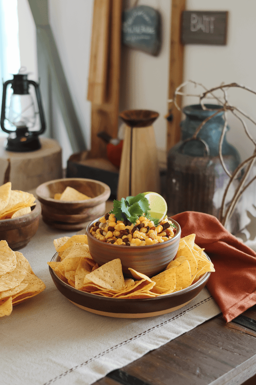 Indoor photo of a bowl of colorful corn and black bean salsa surrounded by stacks of tortilla chips on a wooden table. No text or logos.