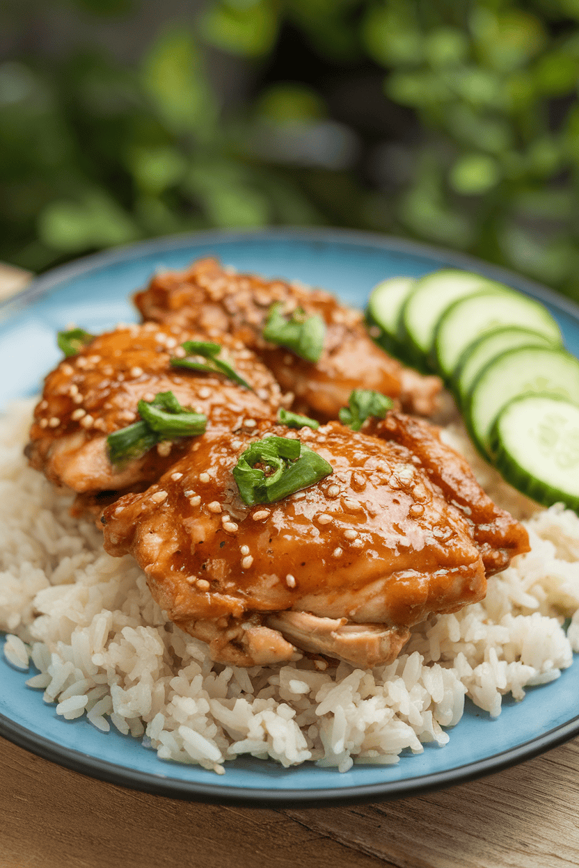 An indoor plate of cooked chicken thighs glazed in a soy-lime sauce, served over jasmine rice with cucumber slices on the side. No logos or text; photo only.