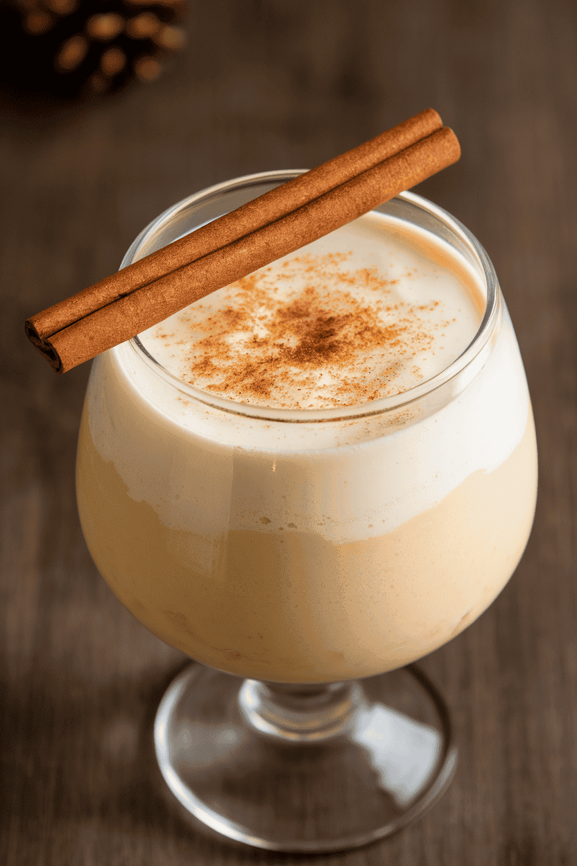 Photo, indoors, glass punch cup of creamy eggnog topped with freshly grated nutmeg, cinnamon stick resting across rim. No text or logos.