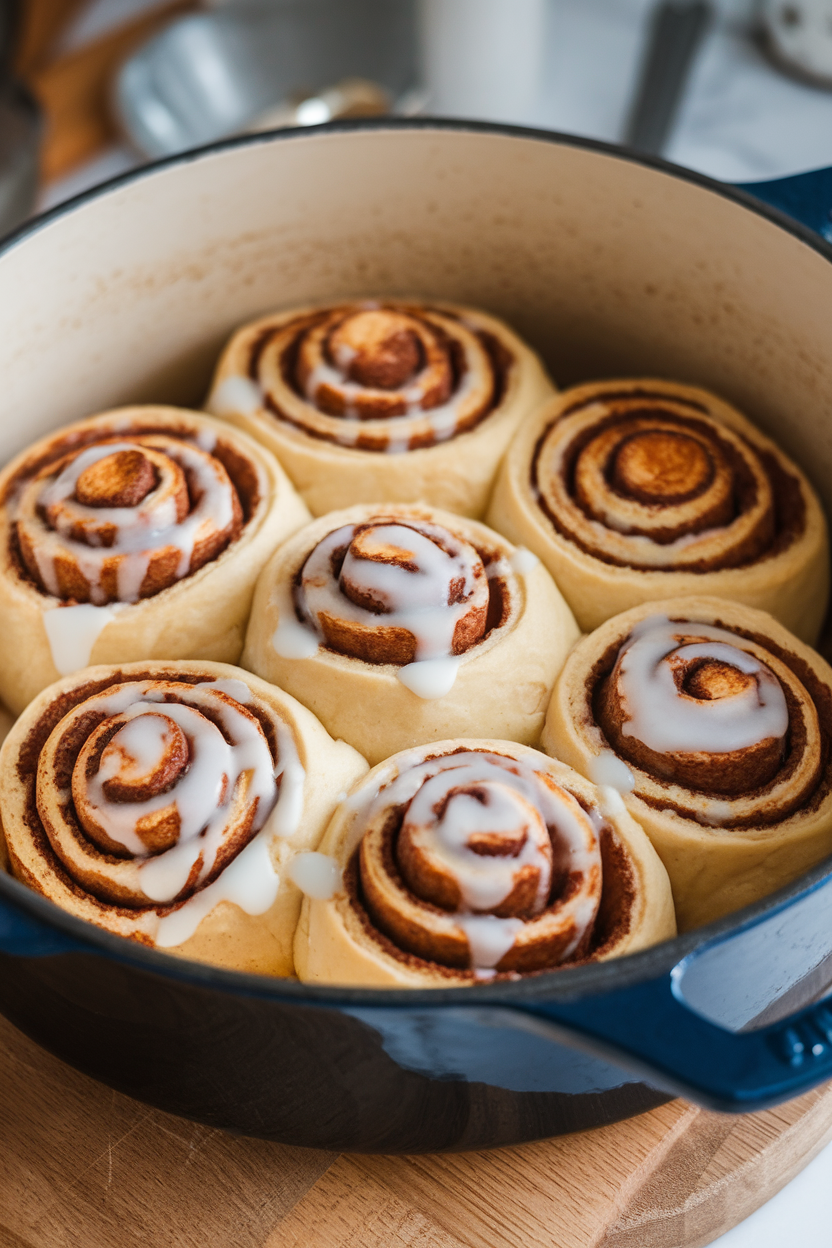 Indoor photo of pull-apart cinnamon rolls baked together in a Dutch oven, icing drizzled over warm spirals. No logos or text.