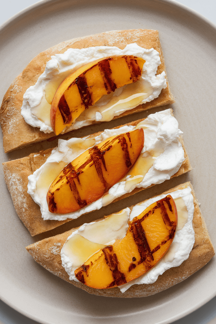 Indoor tabletop photo featuring a sliced flatbread topped with creamy ricotta, grilled peach wedges, and a light honey drizzle. Neutral plate, no text or logos.