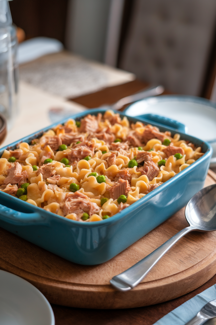 An indoor dining table with a baking dish of golden-topped tuna noodle casserole, peas visible between noodles, and a serving spoon ready. No text or logos shown.