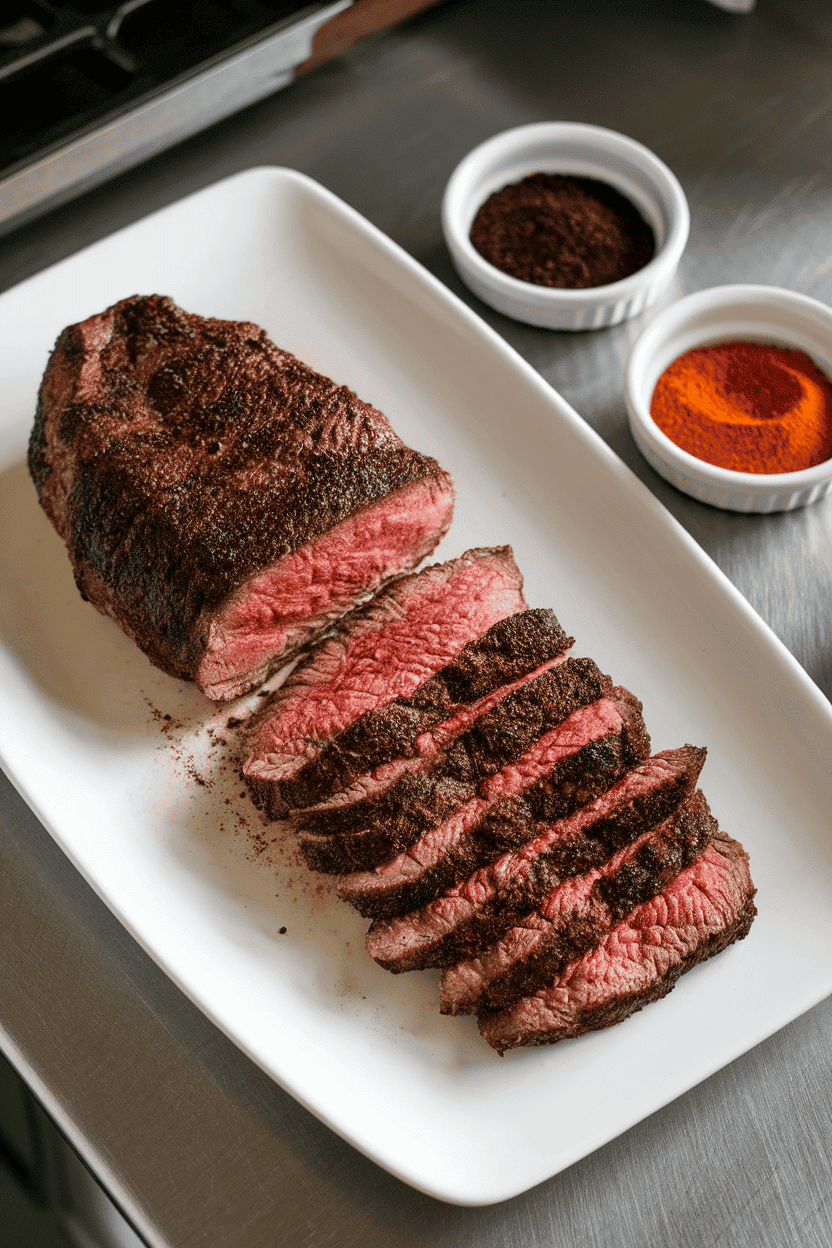 Indoor kitchen counter showing a sliced coffee-rubbed sirloin steak on a white platter, dark crust visible, coffee grounds and smoked paprika in small bowls beside it. Photo only, no text or logos.