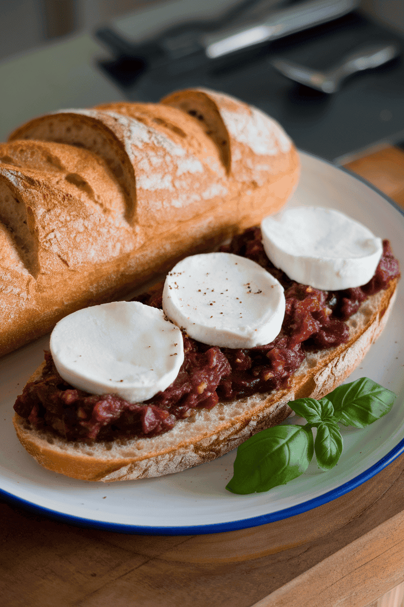 Indoor photo of ciabatta layered with Sicilian eggplant caponata and mozzarella rounds, no text or logos.