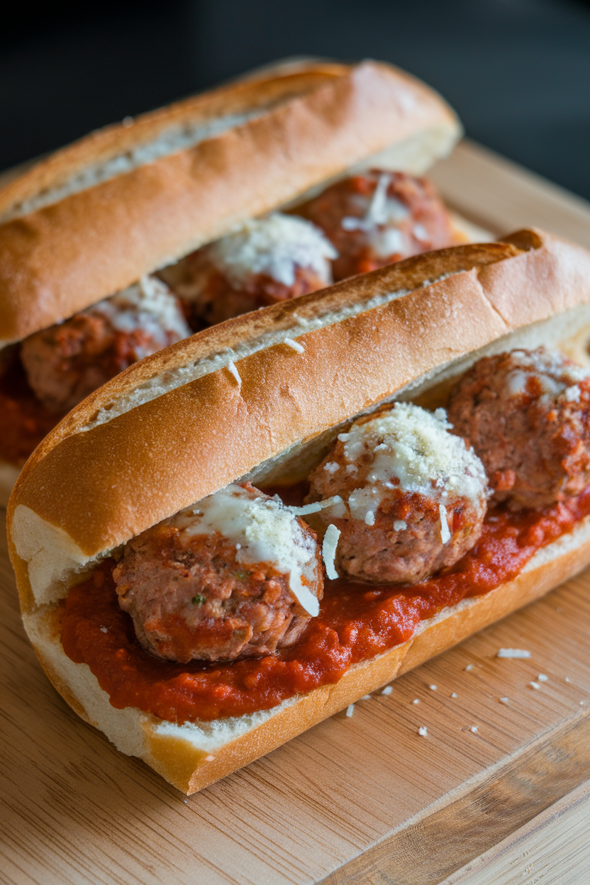 Photo of a turkey meatball sub on a baguette with melted cheese under indoor lighting, no text or logos
